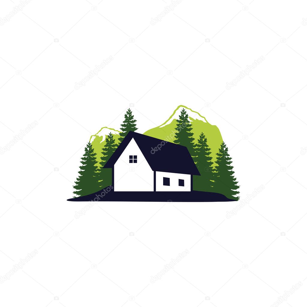 cottage home stay in front of pine tree forest vector logo design