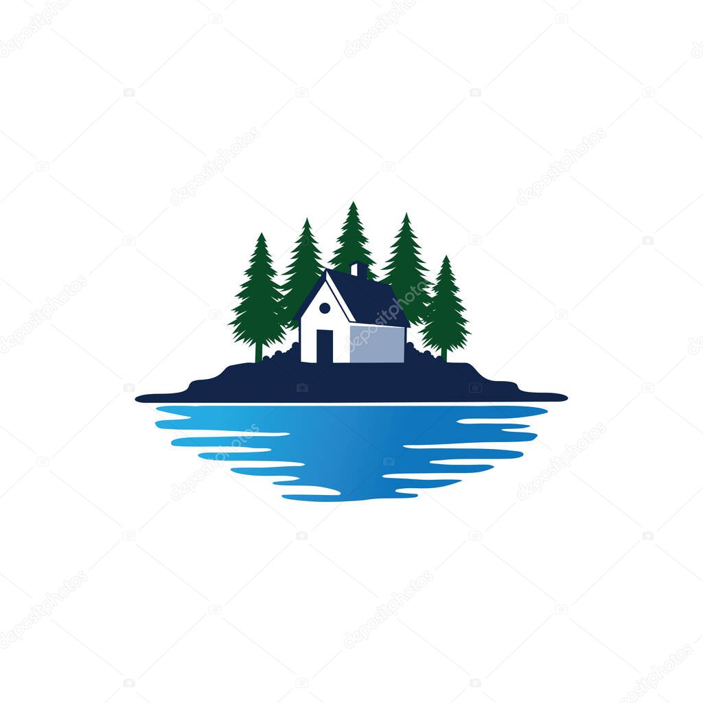 cottage home stay in front of pine tree forest and lake vector logo design