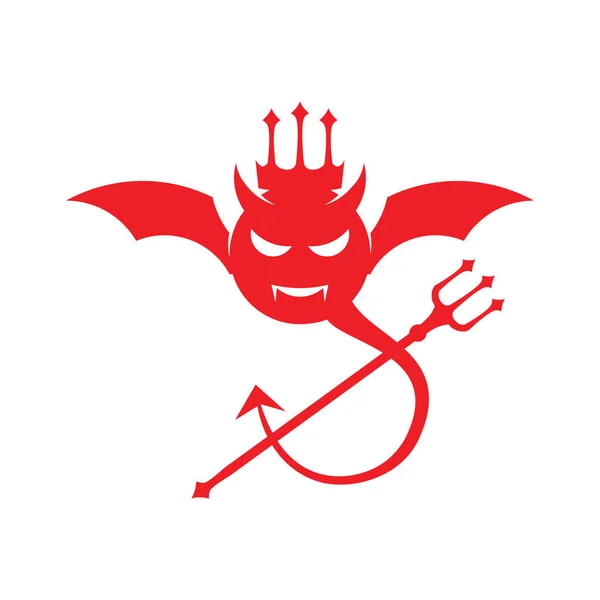 Κόκκινο θυμωμένος διάβολος κεφάλι με φτερό νυχτερίδας και τρίαινα πιρούνι διάνυσμα σχεδιασμό λογότυπο — Διανυσματικό Αρχείο