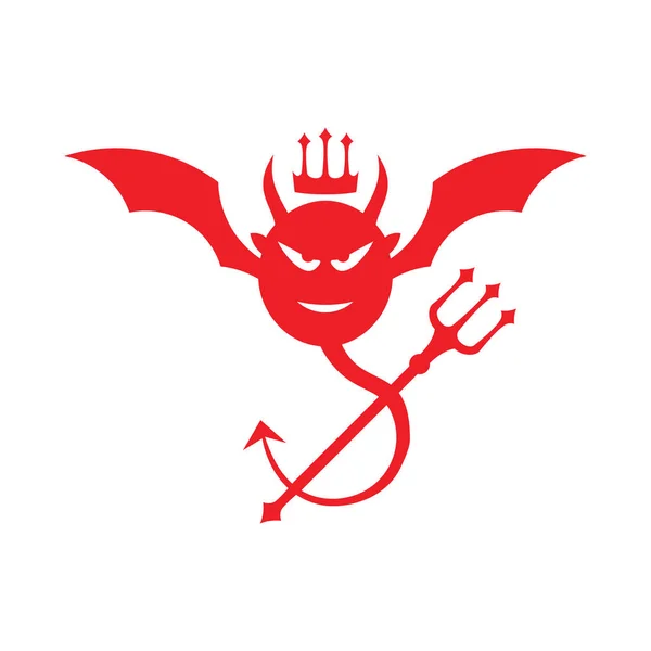 Красная голова дьявола с крылом летучей мыши и векторным логотипом трезубца — стоковый вектор