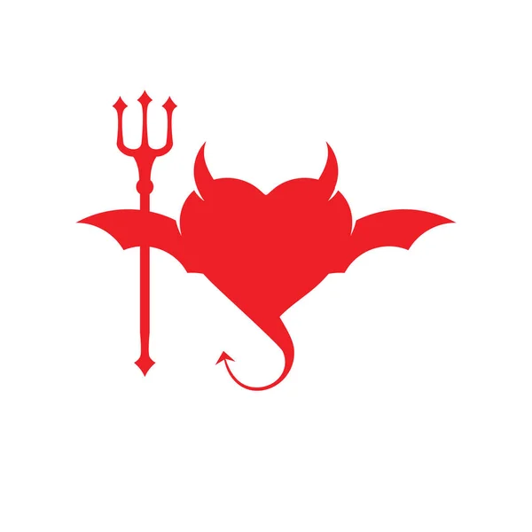 Красный дьявол любит форму сердца с крылом и рогом летучей мыши и векторным логотипом вилки трезубца — стоковый вектор