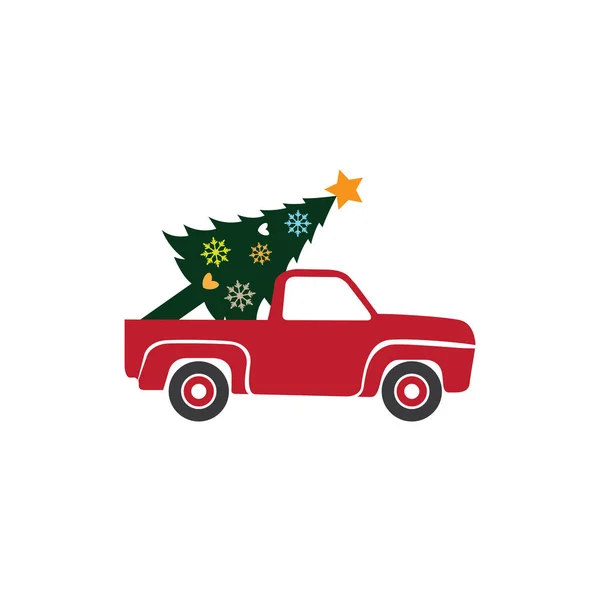 Червона вантажівка з ялинкою Векторна тема зимових канікул для друку — стоковий вектор