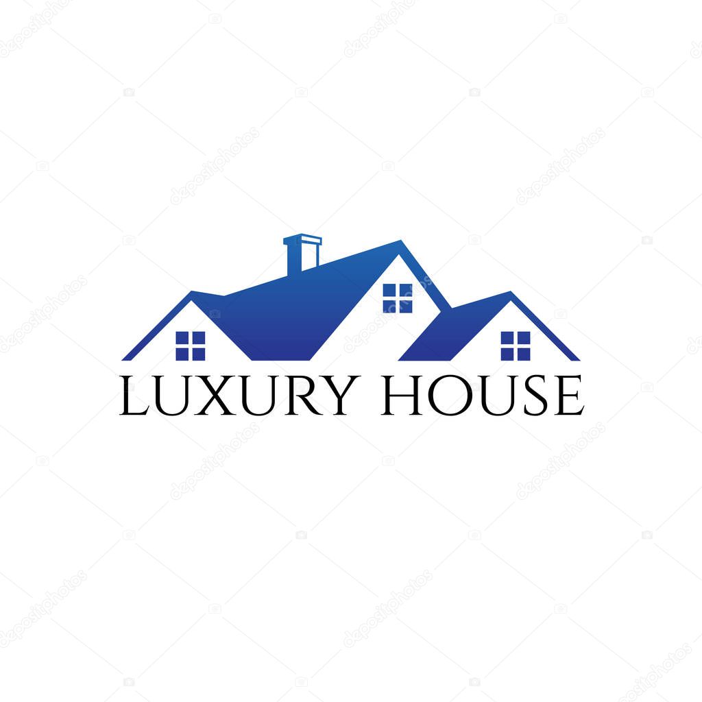 Luxury modern roof top house home real estate property with chimney sale market vector logo design template