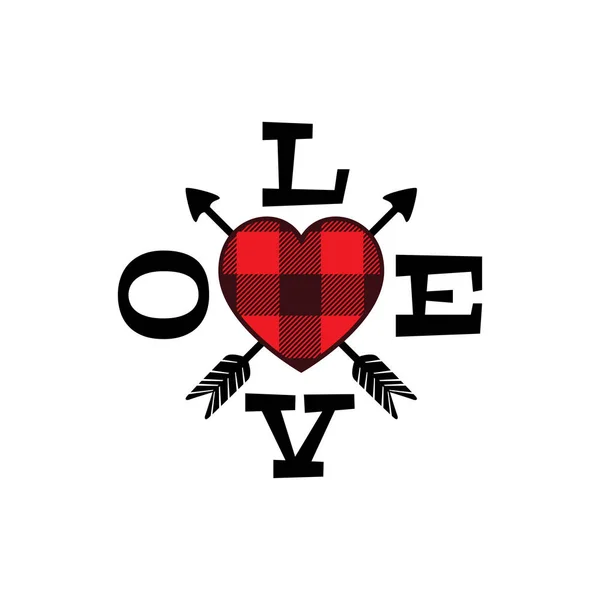 Vermelho búfalo xadrez amor coração forma com seta cruzada valentine tema gráfico vetor de design para cartão de saudação e t-shirt imprimir —  Vetores de Stock