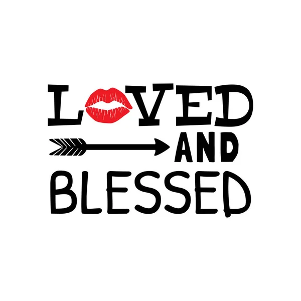 Amado e abençoado com lábio beijo impressão valentine tema gráfico vetor de design para cartão de saudação e t-shirt imprimir —  Vetores de Stock