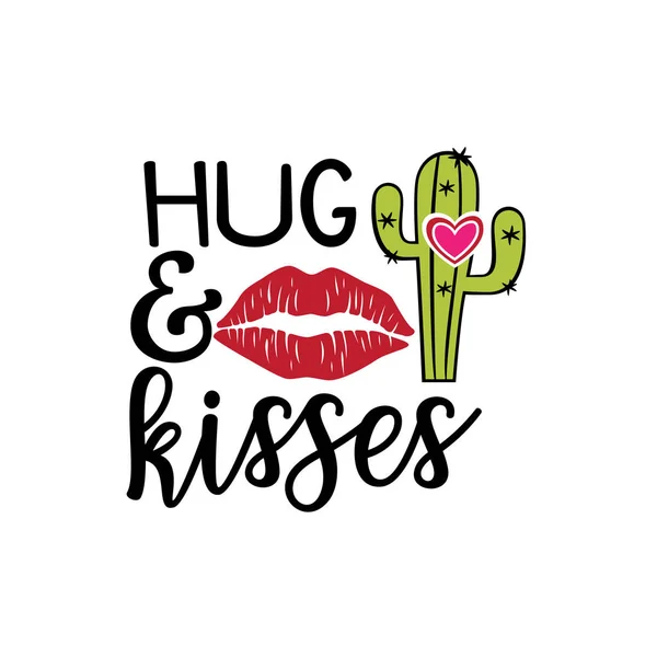 拥抱和亲吻与仙人掌和唇印情人节主题图形设计矢量贺卡和T恤衫打印 — 图库矢量图片