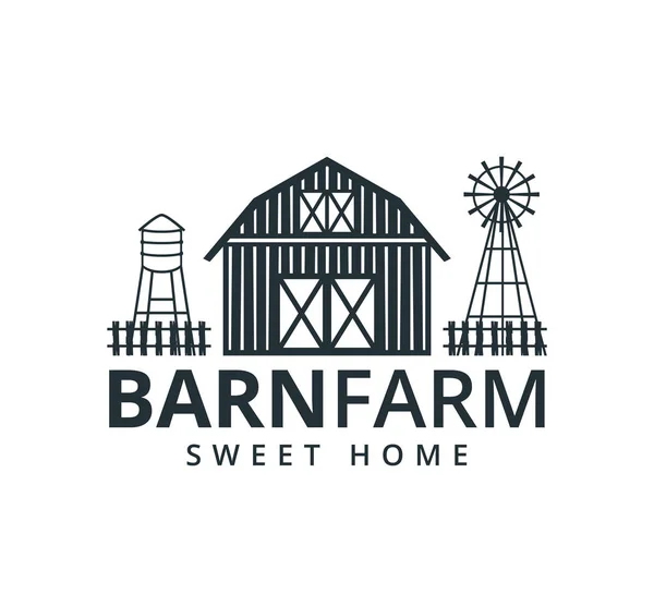 Achtertuin schuur boerderij opslag hangar met hek windmolen en water torrent toren vector logo ontwerp — Stockvector