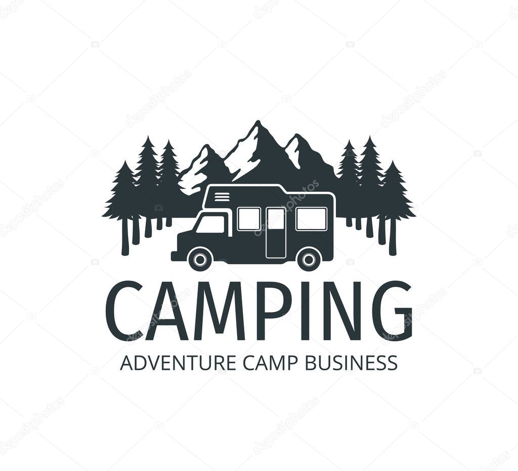 Camping car trailer in the middle of jungle of pine trees for outdoor camp adventure vector logo design template