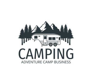 Kamp arabası karavanı, çam ağaçlarının ortasında kamp macerası için tasarlanmış vektör logosu şablonu.