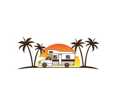 Kamp arabası ve karavan günbatımı sahilinde duruyor. Yaz tatili için palmiye ağaçları ve vektör logosu tasarım şablonu.