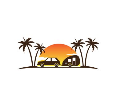 Kamp arabası ve karavan günbatımı sahilinde duruyor. Yaz tatili için palmiye ağaçları ve vektör logosu tasarım şablonu.