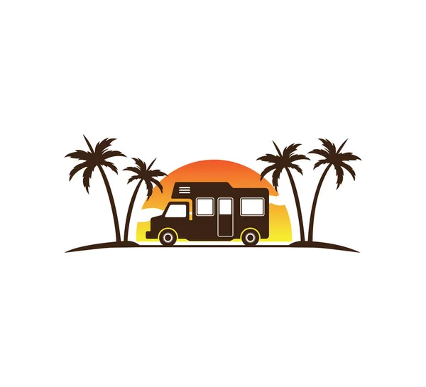 Camping Car Trailer Standing Sunset Beach Palm Trees Summer Holiday — Stock Vector