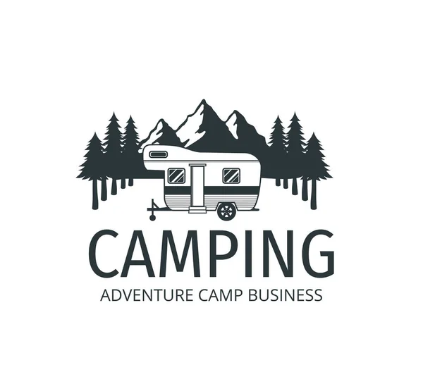 Camping car trailer in the middle of jungle of pine trees for outdoor camp adventure vector logo design template — Stock Illustration Camping Car Trailer Middle Jungle Pine Trees Outdoor Camp Adventure Stock Vector