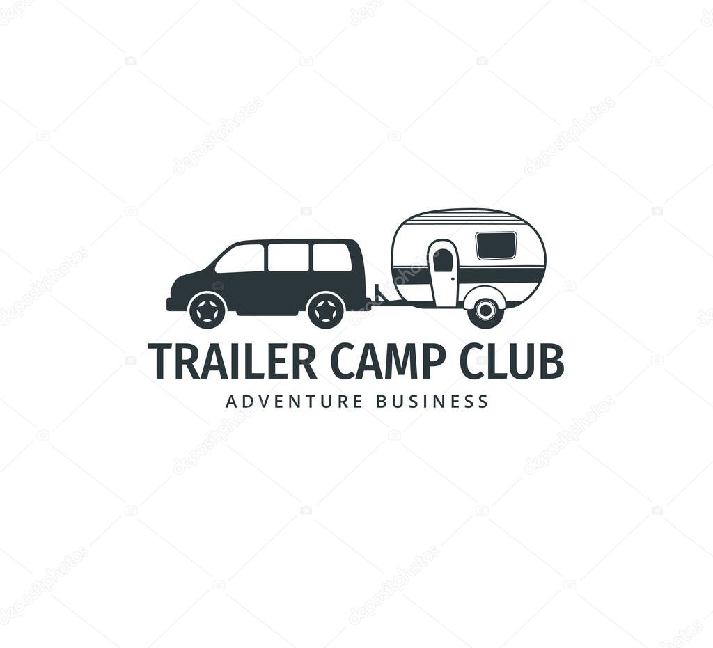 Car towing a camping trailer for road trip camp adventure vector logo design template