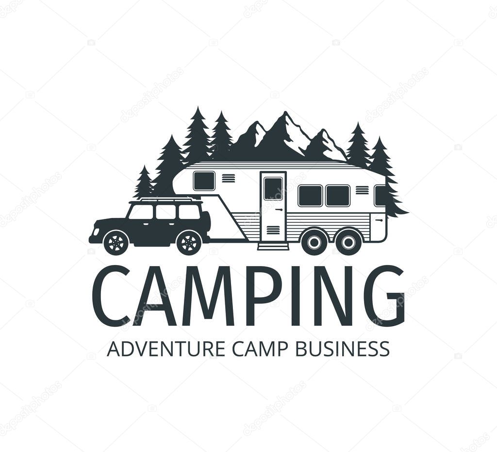 Camping car trailer in the middle of jungle of pine trees for outdoor camp adventure vector logo design template