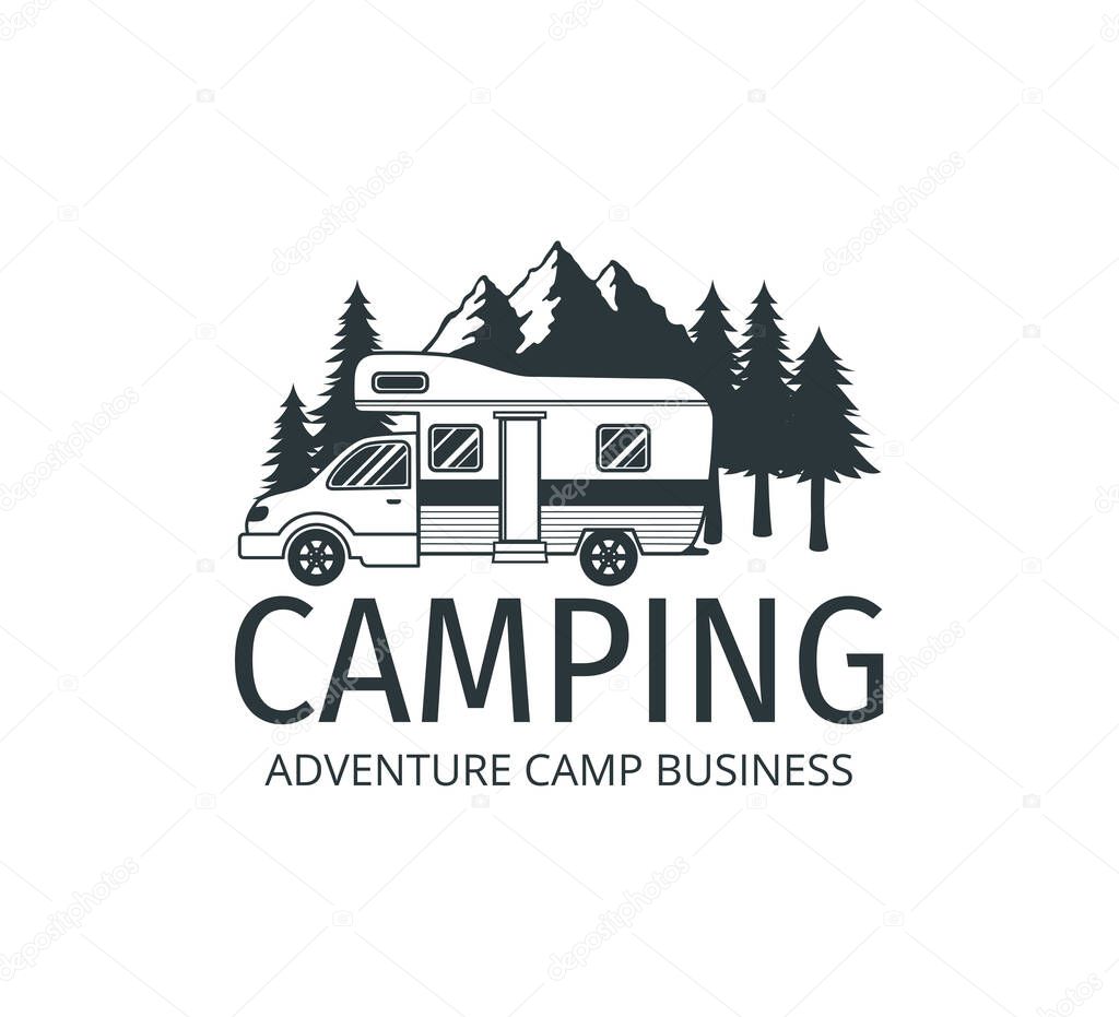 Camping car trailer in the middle of jungle of pine trees for outdoor camp adventure vector logo design template