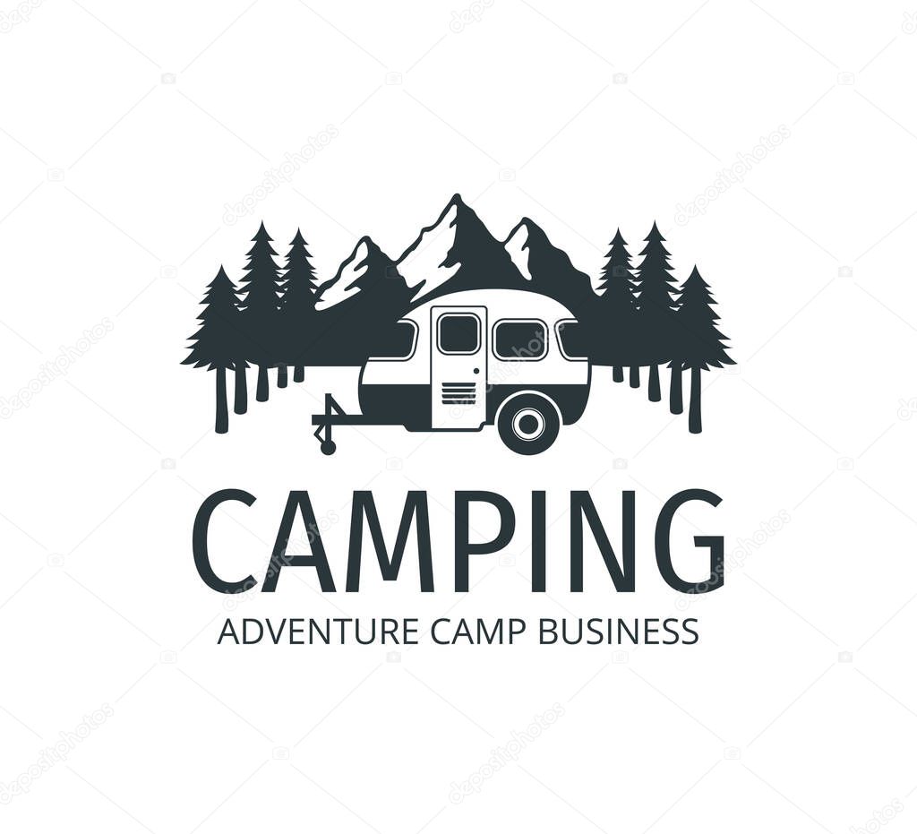 Camping car trailer in the middle of jungle of pine trees for outdoor camp adventure vector logo design template