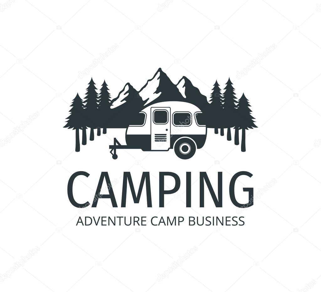 camping car trailer in the middle of jungle of pine trees for outdoor camp adventure vector logo design template