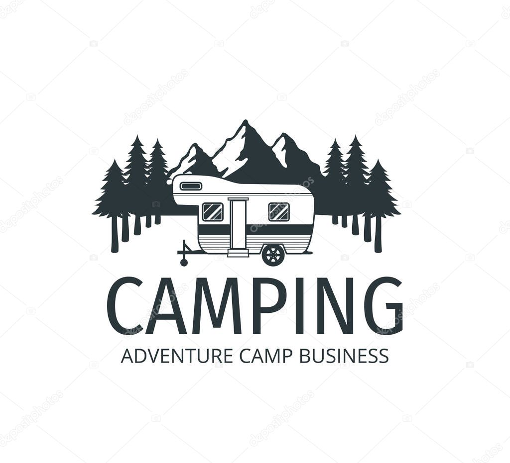 camping car trailer in the middle of jungle of pine trees for outdoor camp adventure vector logo design template
