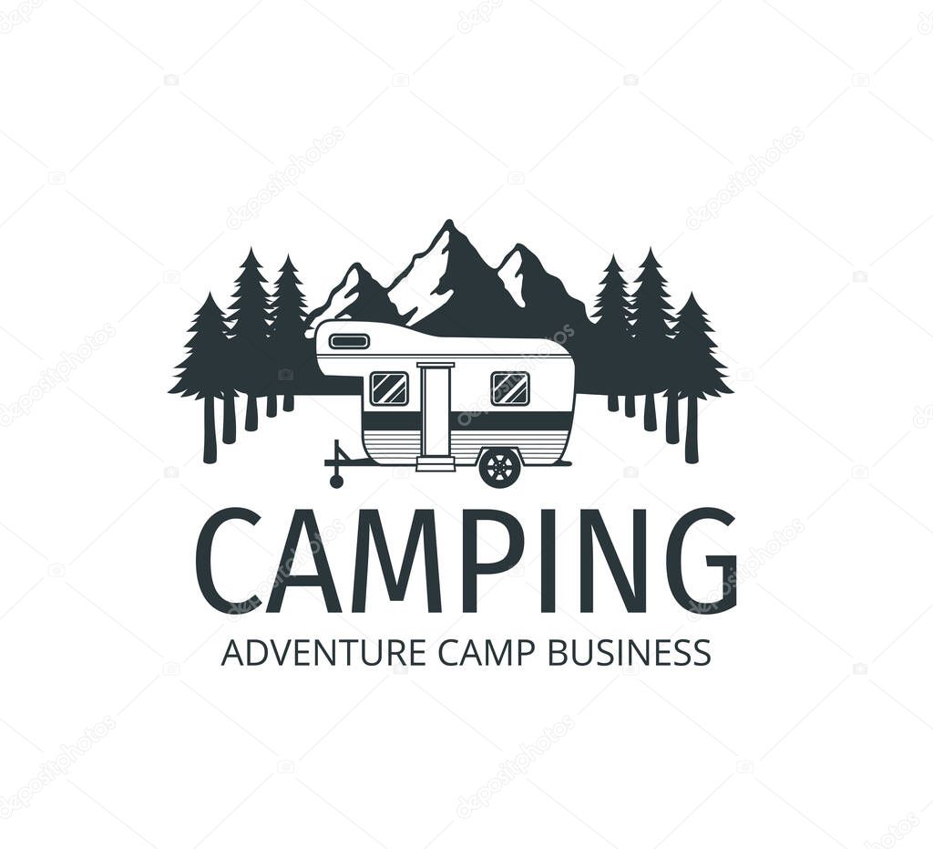 Camping car trailer in the middle of jungle of pine trees for outdoor camp adventure vector logo design template
