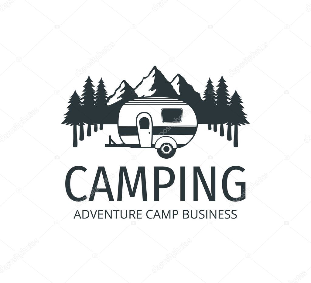 Camping car trailer in the middle of jungle of pine trees for outdoor camp adventure vector logo design template