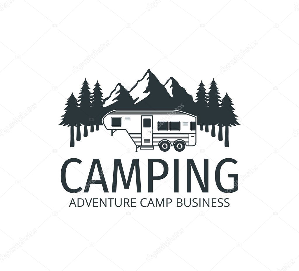 Camping car trailer in the middle of jungle of pine trees for outdoor camp adventure vector logo design template