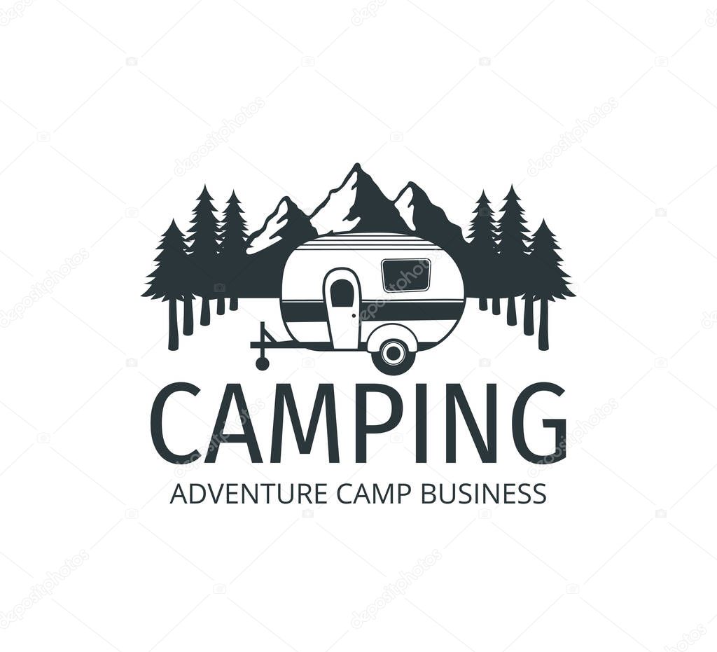 Camping car trailer in the middle of jungle of pine trees for outdoor camp adventure vector logo design template