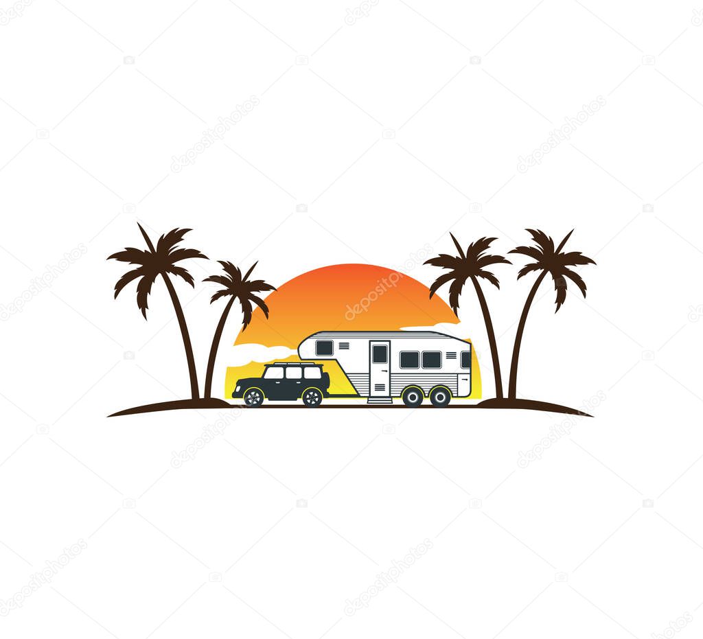 Camping car and trailer standing in sunset beach with the palm trees for summer holiday camping vector logo design template