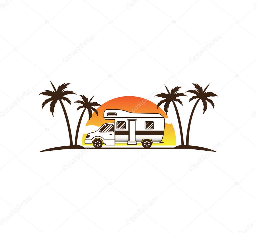 Camping car and trailer standing in sunset beach with the palm trees for summer holiday camping vector logo design template