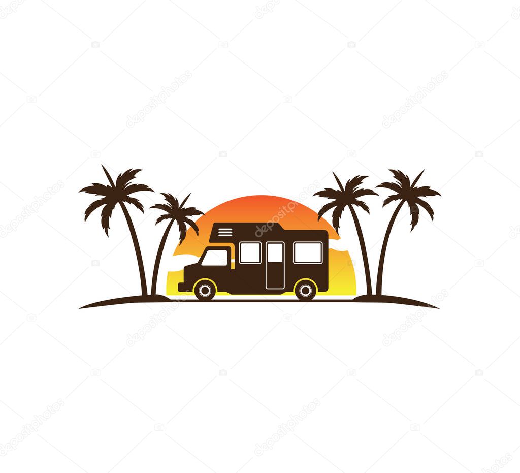 Camping car and trailer standing in sunset beach with the palm trees for summer holiday camping vector logo design template