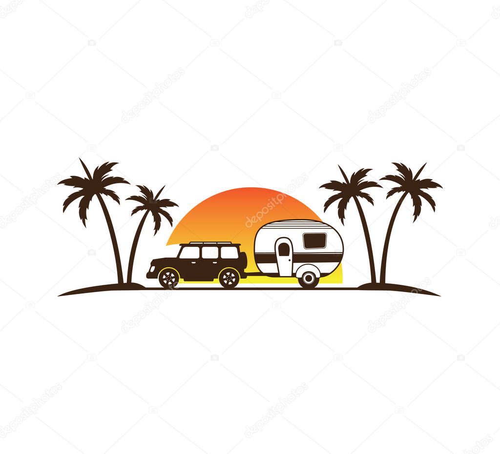 Camping car and trailer standing in sunset beach with the palm trees for summer holiday camping vector logo design template