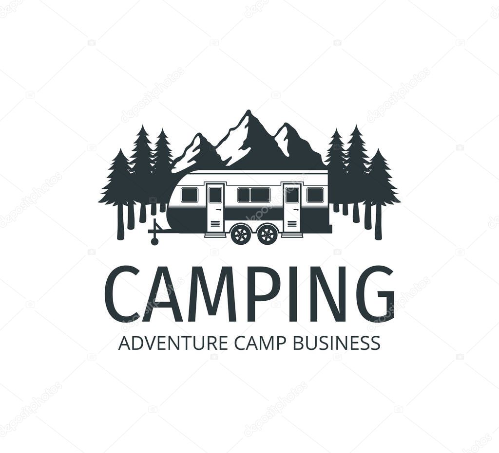 Camping car trailer in the middle of jungle of pine trees for outdoor camp adventure vector logo design template