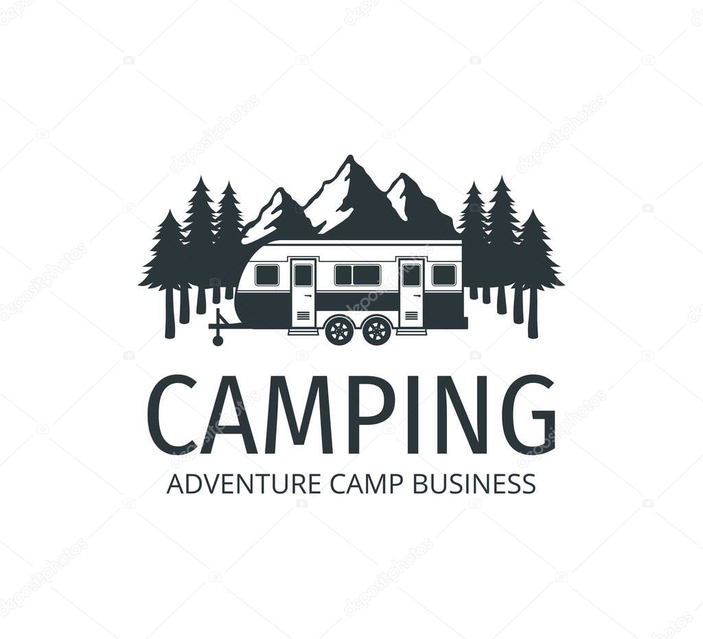 camping car trailer in the middle of jungle of pine trees for outdoor camp adventure vector logo design template