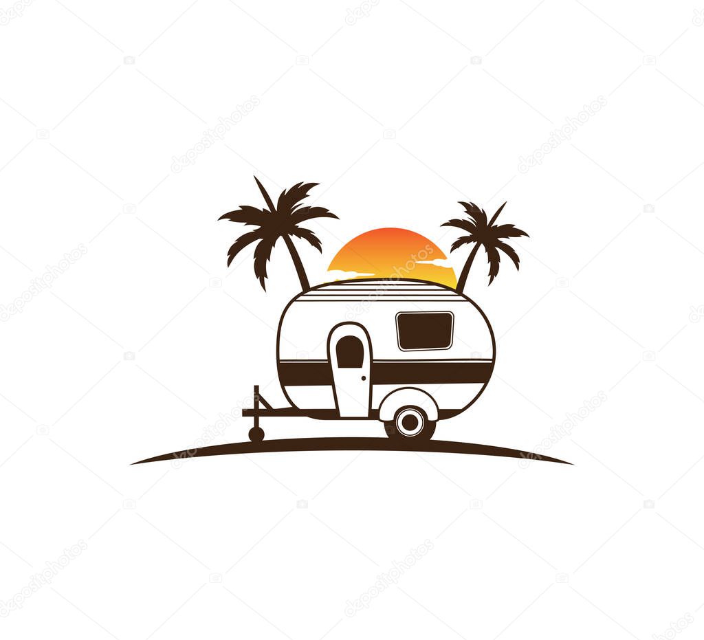 Camp trailer standing in front of sunset and palm tree silhouette for beach holiday camping adventure logo design template