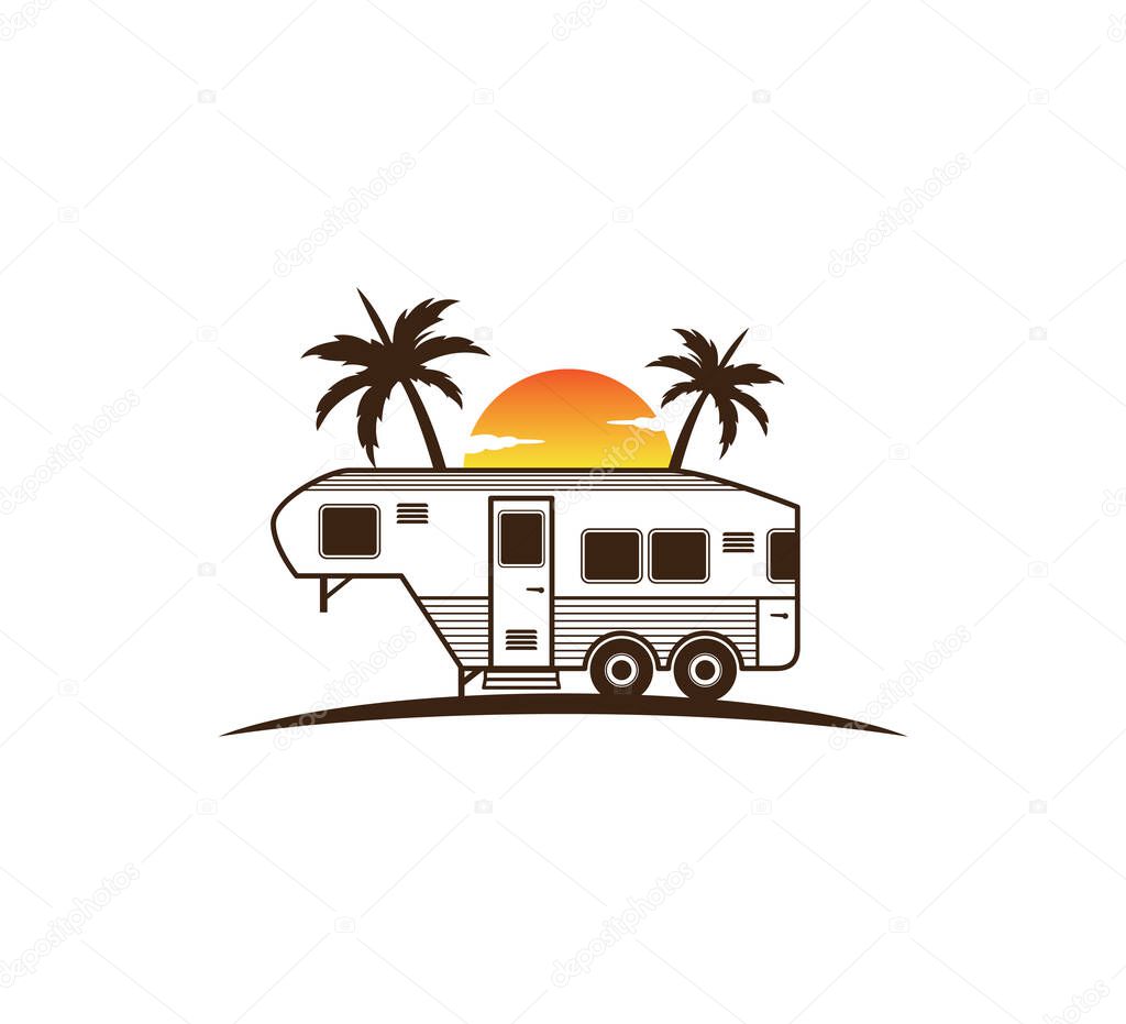 Camp trailer standing in front of sunset and palm tree silhouette for beach holiday camping adventure logo design template
