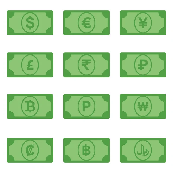 Разнообразная Мировая Валюта Деньги Бумаге Векторные Символы Дизайн Набора Шаблонов — стоковый вектор