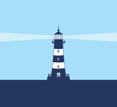Deniz feneri ışığını kıyı vektörü illüstrasyon tasarım şablonunun ortasında parlıyor
