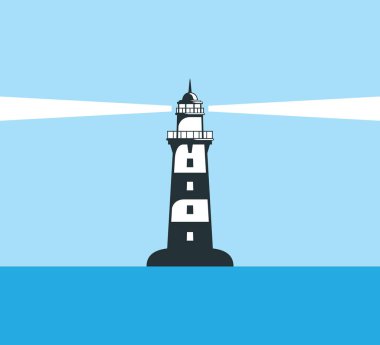 Deniz feneri ışığını kıyı vektörü illüstrasyon tasarım şablonunun ortasında parlıyor