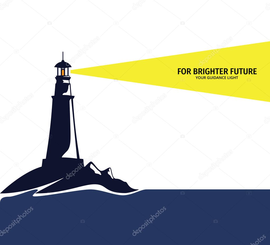 lighthouse in the edge of beach shine its light far way to the sea for poster and vector design illustration template