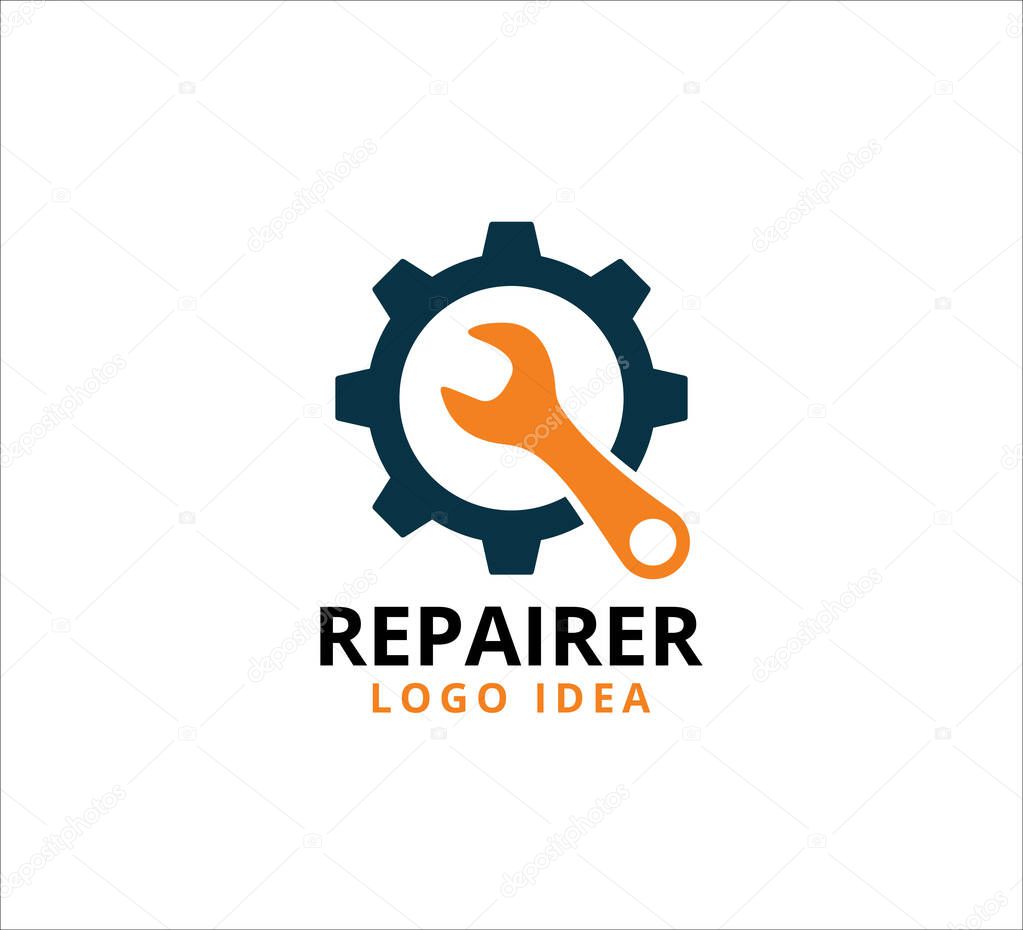 Wrench inside a gear for repair setting maintenance vector logo or icon design template in simple flat style