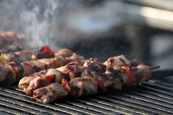 Kebab Drewniane Szaszłyki Grilla Szaszłyk Lub Kebab Mięso Szaszłyki Grilla — Zdjęcie stockowe