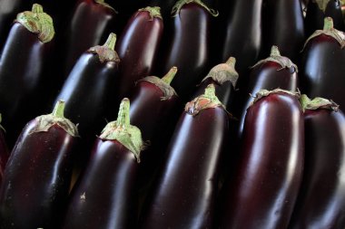 Patlıcan, patlıcan. Doğal ışık bir Pazar üzerinde taze organik patlıcan. Patlıcan doku. Patlıcan arka plan. 