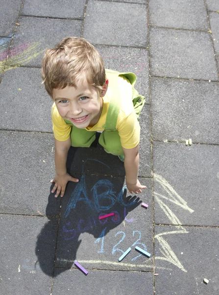 Cute Boy Write Colored Chalks Little Kid Draws Chalks School — Stock Photo, Image