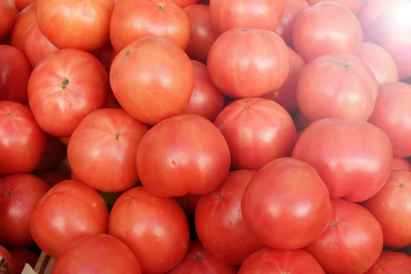 Los tomates frescos orgánicos a la luz solar en el mercado. Patrón de tomate —  Fotos de Stock