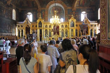 People pray on a holy mass in St. Sedmochislenitsi church in Sof