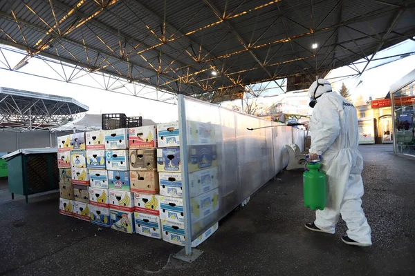 Bulgaria Dichiara Stato Emergenza Coronavirus Disinfezione Decontaminazione Mercato Come Prevenzione — Foto Stock