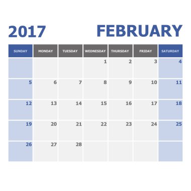 2017 Şubat takvim haftası Pazar günü başlar