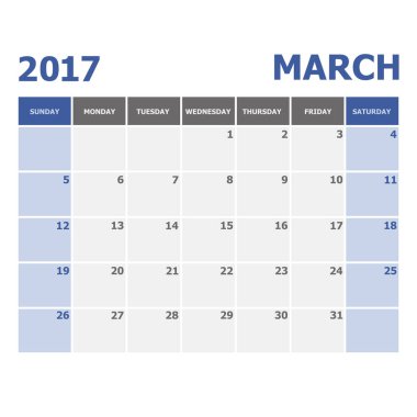 2017 Mart takvim haftası Pazar günü başlar