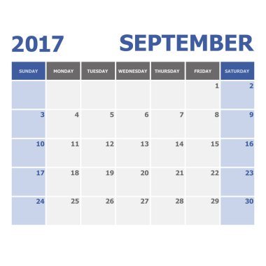 2017 Eylül takvim haftası Pazar günü başlar