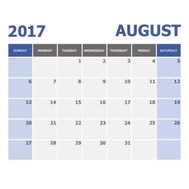 2017 Ağustos takvim haftası Pazar günü başlar